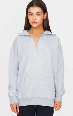 Grey Marl Zip Up Pocket Detail Sweatshirt