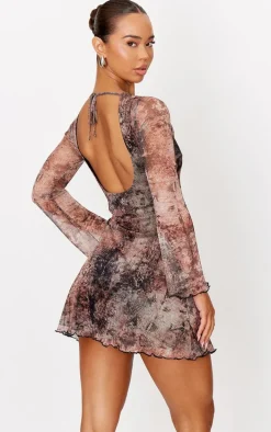 Grey Mesh Long Sleeve Tie Back Shift Dress