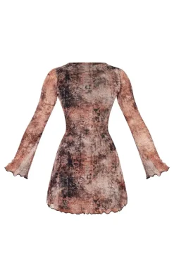 Grey Mesh Long Sleeve Tie Back Shift Dress