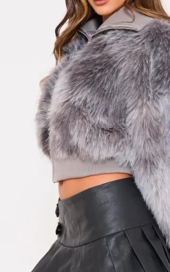 Grey Ombre Shaggy Faux Fur Zip Up Jacket