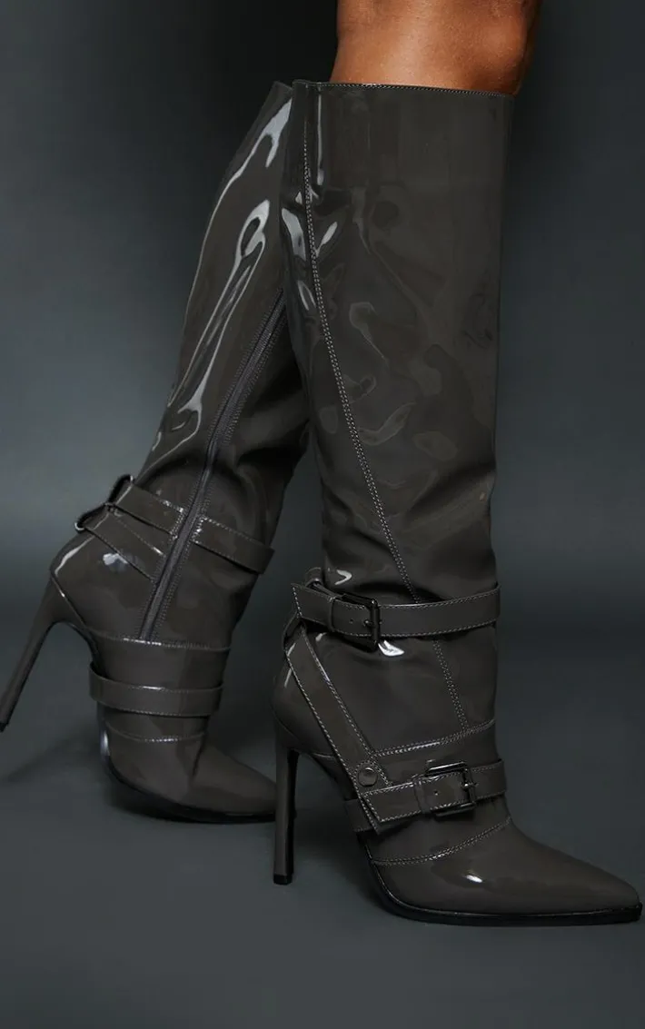 Grey Patent Pu Point Toe Buckle Detail High Stiletto Heeled Knee Boots