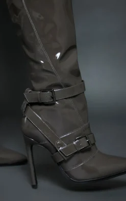 Grey Patent Pu Point Toe Buckle Detail High Stiletto Heeled Knee Boots