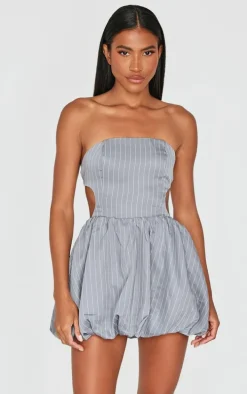 Grey Pinstripe Bandeau Tie Back Puffball Mini Dress