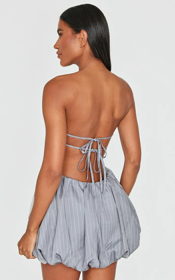 Grey Pinstripe Bandeau Tie Back Puffball Mini Dress