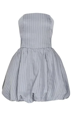 Grey Pinstripe Bandeau Tie Back Puffball Mini Dress