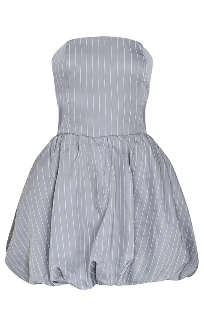 Grey Pinstripe Bandeau Tie Back Puffball Mini Dress