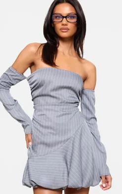 Grey Pinstripe Long Sleeve Ruched Puffball Dress