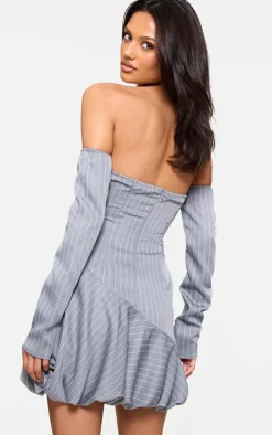 Grey Pinstripe Long Sleeve Ruched Puffball Dress