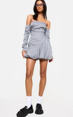Grey Pinstripe Long Sleeve Ruched Puffball Dress