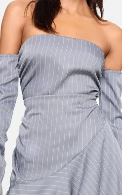 Grey Pinstripe Long Sleeve Ruched Puffball Dress