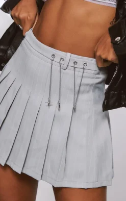 Grey Pinstripe Pleated Metal Trim Mini Skirt