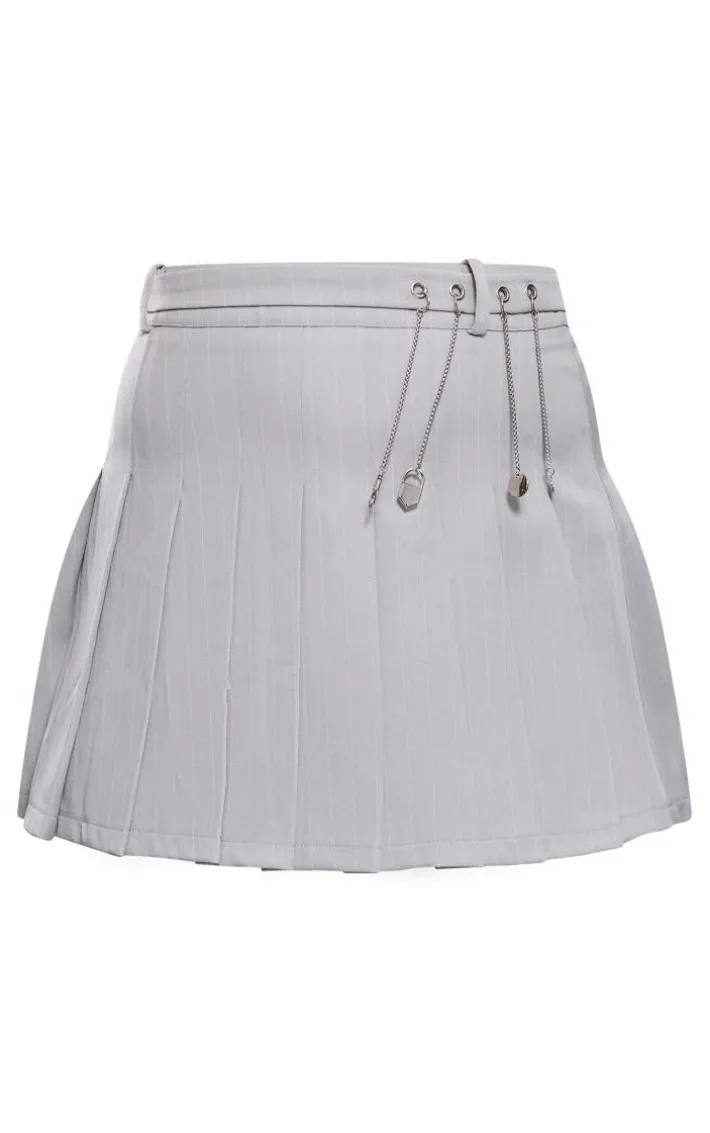 Grey Pinstripe Pleated Metal Trim Mini Skirt
