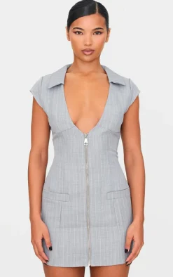 Grey Pinstripe Pocket Detail Zip Up Mini Dress