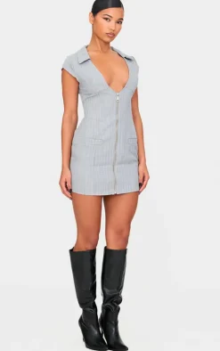 Grey Pinstripe Pocket Detail Zip Up Mini Dress