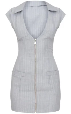 Grey Pinstripe Pocket Detail Zip Up Mini Dress