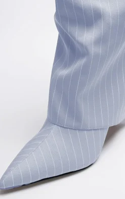 Grey Pinstripe Point Toe Fold Over Knee High Stiletto Heeled Boots