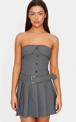 Grey Pinstripe Tailored Bandeau Belt Pleated Shift Dress