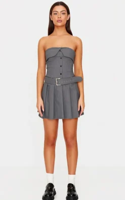 Grey Pinstripe Tailored Bandeau Belt Pleated Shift Dress