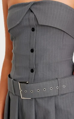 Grey Pinstripe Tailored Bandeau Belt Pleated Shift Dress