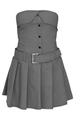 Grey Pinstripe Tailored Bandeau Belt Pleated Shift Dress