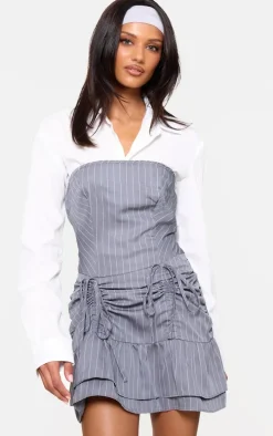 Grey Pinstripe Tailored Woven Ruched Tiered Shift Dress