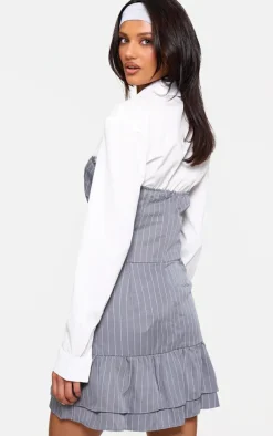 Grey Pinstripe Tailored Woven Ruched Tiered Shift Dress