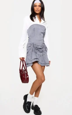 Grey Pinstripe Tailored Woven Ruched Tiered Shift Dress