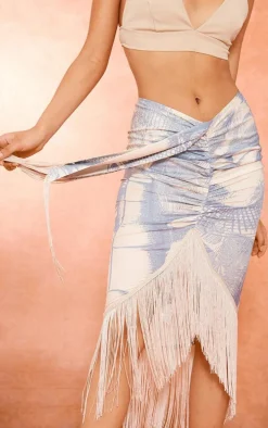 Grey Pot Print Tassel Hem Midi Skirt