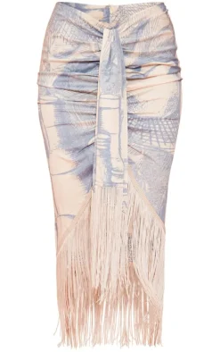 Grey Pot Print Tassel Hem Midi Skirt