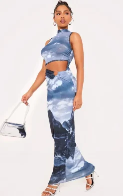 Grey Print Mesh High Neck Sleeveless Maxi Dress