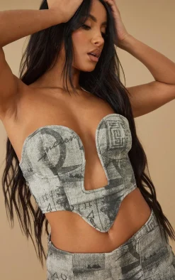 Grey Printed Structured Dipped Corset Denim Top