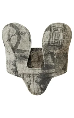 Grey Printed Structured Dipped Corset Denim Top