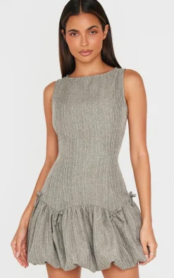 Grey Puffball Bow Details Shift Dress