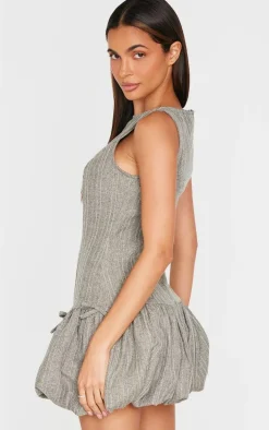 Grey Puffball Bow Details Shift Dress