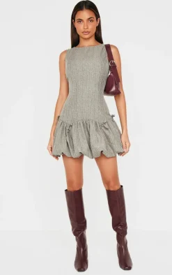 Grey Puffball Bow Details Shift Dress