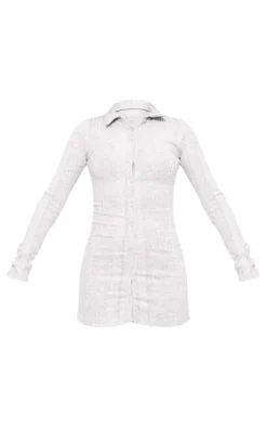 Grey Ribbed Button Long Sleeve Bodycon Dress