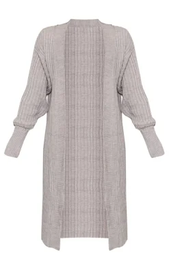 Grey Ribbed Knitted Midi Cardigan
