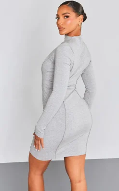 Grey Ribbed Long Sleeve Seam Detail Bodycon Dress