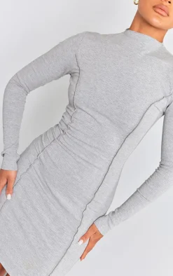 Grey Ribbed Long Sleeve Seam Detail Bodycon Dress