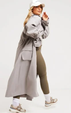 Grey Ruched Toggle Detail Trench Coat