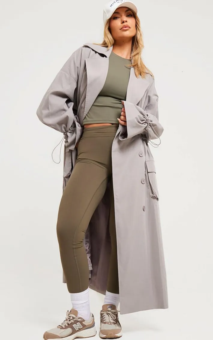 Grey Ruched Toggle Detail Trench Coat