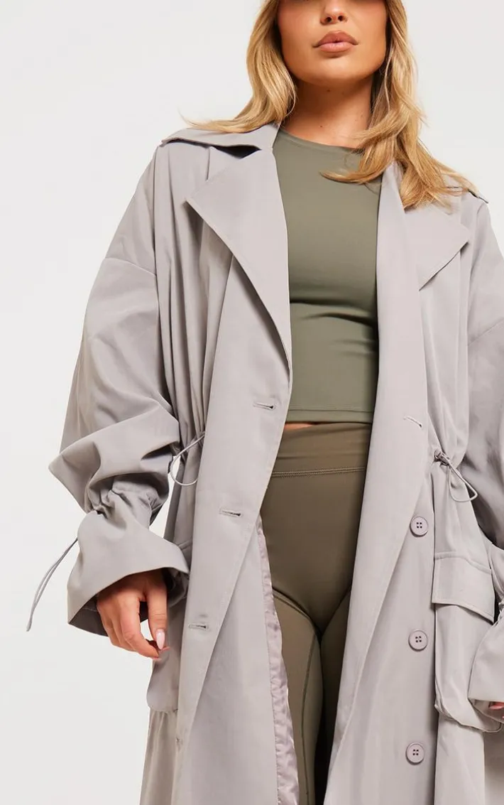 Grey Ruched Toggle Detail Trench Coat