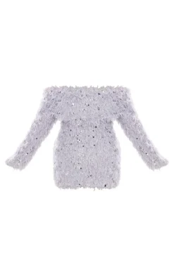 Grey Sequin Faux Feather Bardot Long Sleeve Mini Dress