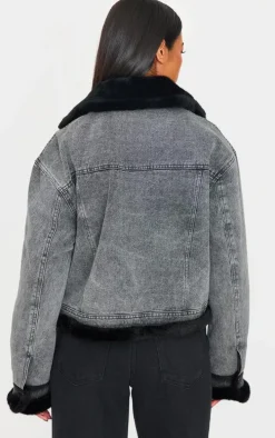 Grey Soft Faux Fur Aviator Style Denim Jacket