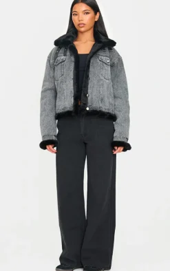 Grey Soft Faux Fur Aviator Style Denim Jacket