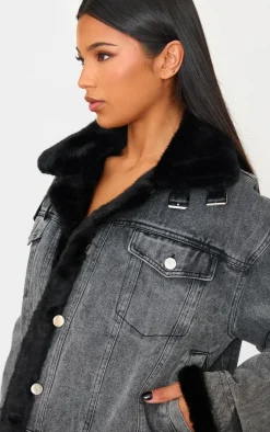 Grey Soft Faux Fur Aviator Style Denim Jacket