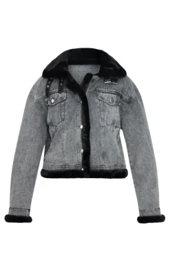 Grey Soft Faux Fur Aviator Style Denim Jacket