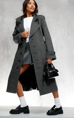 Grey Speckled Wool Look Military Coat