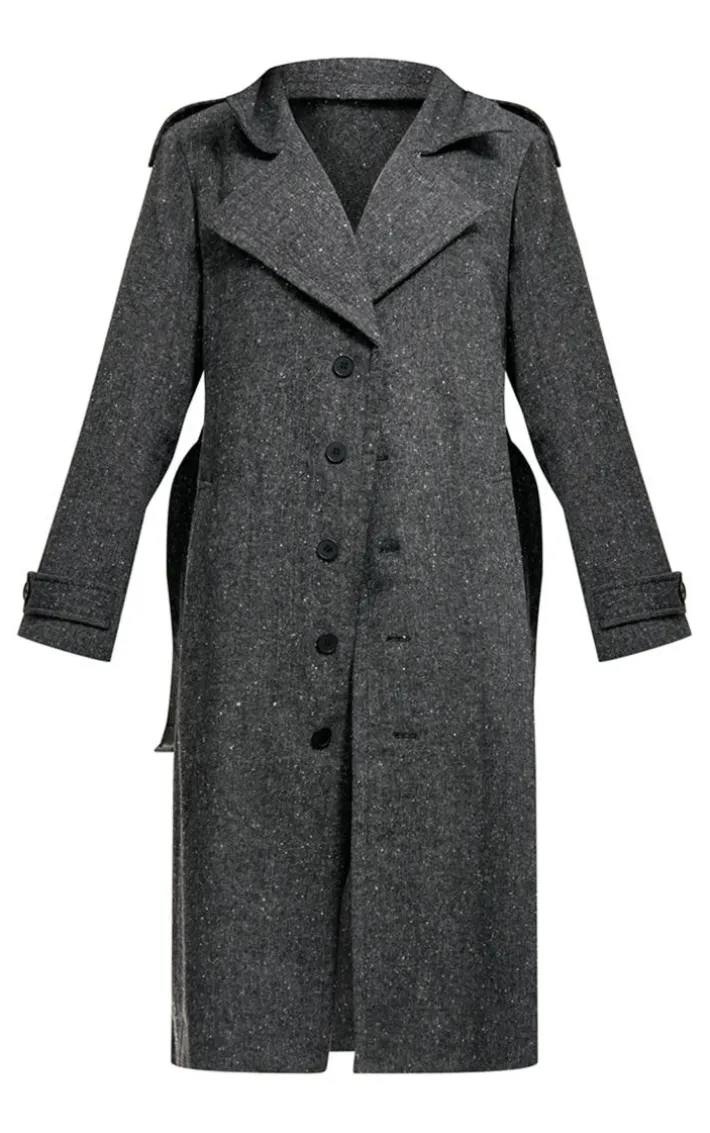Grey Speckled Wool Look Military Coat