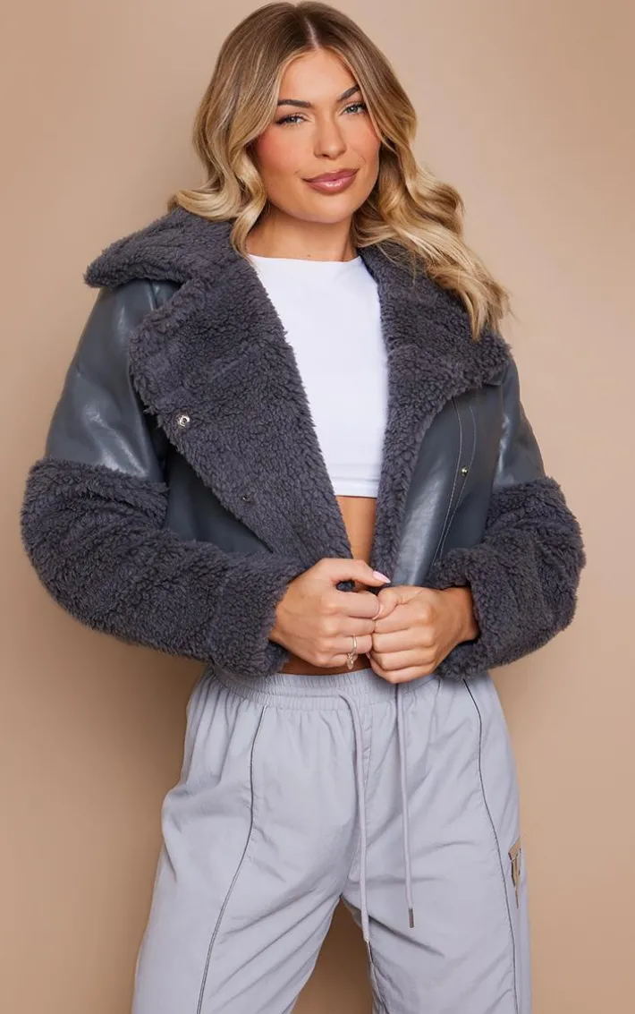 Grey Statement Borg Trim Faux Leather Aviator Jacket